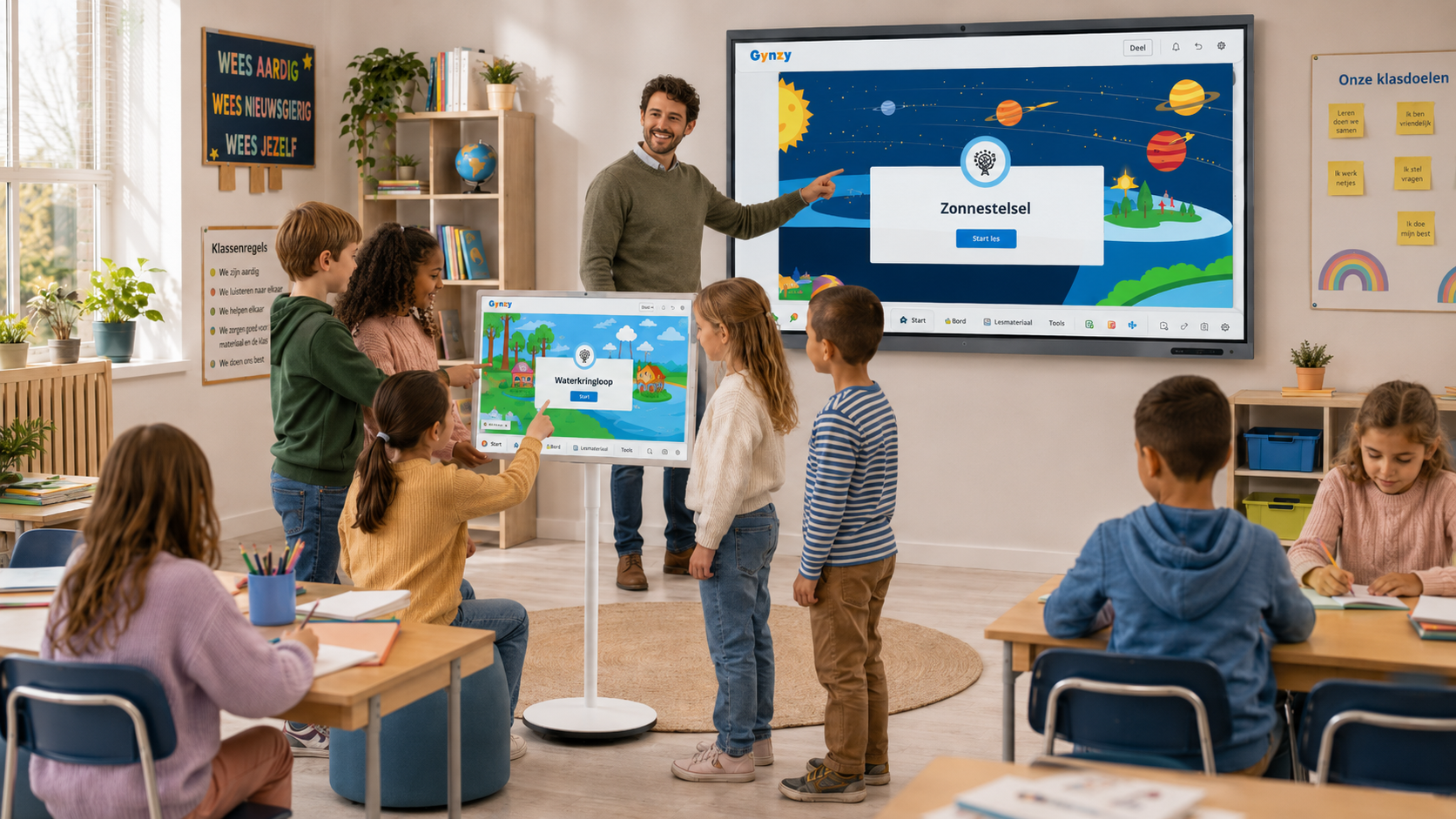 Kleine groep leerlingen rond Mobile Display met educatieve software